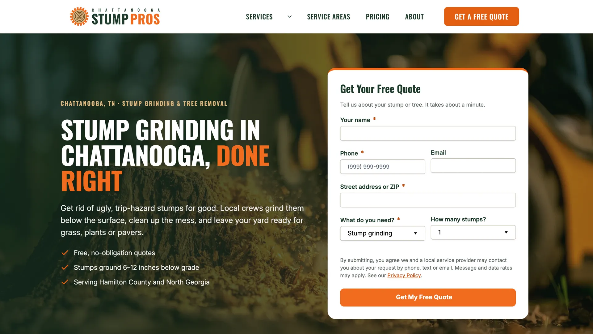 Stump grinding & tree removal website